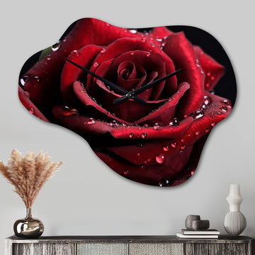 Red Rose with Raindrops II - Asymmetric Metal Wall Clock
